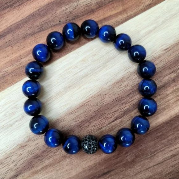 10mm Polished Dark Blue Tiger Eye Crystal Ball Stretch Bracelet - Picture 6 of 11